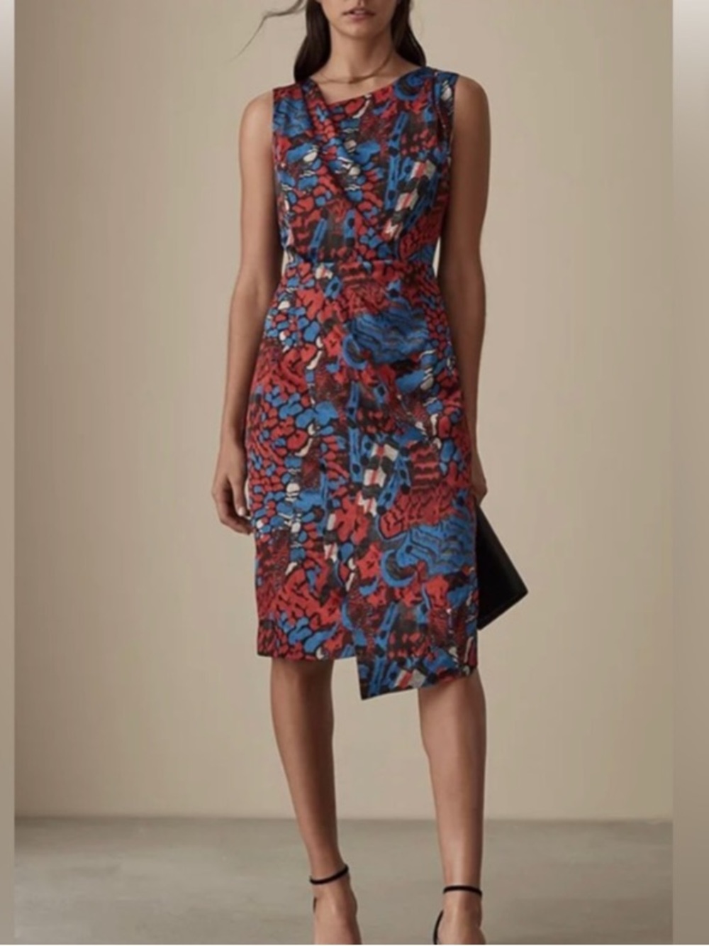 REISS DIONA Printed Cross Back Satin Midi Dress Red Blue Size 8